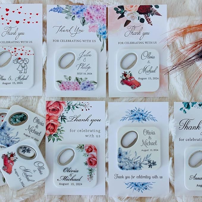 20 PCS Personalized Wedding Favors Bottle Openers - Custom Wedding Gifts for Guests with Thank You Cards, Memorable Thank You Gift for Celebrating Your Special Day (Square)