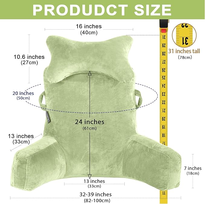 Reading Pillow-Extra Large 31" Bed Rest Pillow with Detachable Neck Roll & Arms for Sitting in Bed or Couch-Backrest Reading Pillow Adult Back Pillows for Reading/Watching TV/Gaming/Relaxing-Green