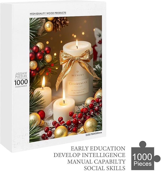 Wooden Puzzles 1000 Piece，Christmas Atmosphere Candle Light, Merry Christmas Themed Jigsaw Puzzles，Funny Puzzles，Stress Relief Games，Puzzle Games Challenge Puzzles