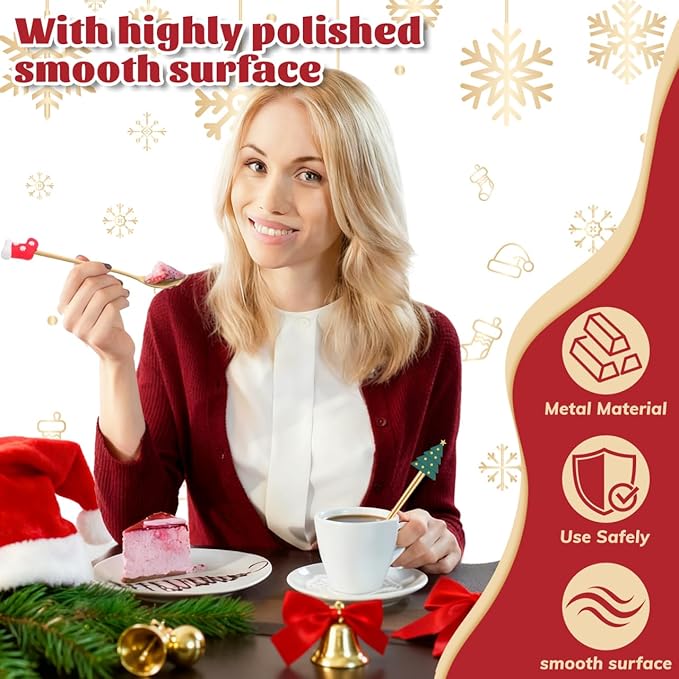 Cabilock 6Pcs Christmas Coffee Spoons, Stainless Steel Stirring Spoons for Tea Coffee Ice Cream Dessert, Gold Decorative Christmas Teaspoon for Xmas Holiday Party Favors