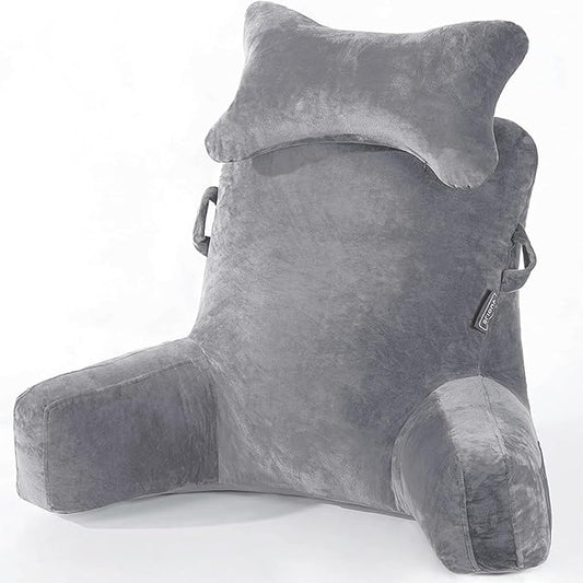 SLIGUY Reading Pillow-Bed Rest Pillow with Detachable Neck Roll & Support Arm for Sitting in Bed Couch or Floor-Backrest Reading Pillow Adult Back Pillow for Reading/Watching TV/Gaming,Dark Grey