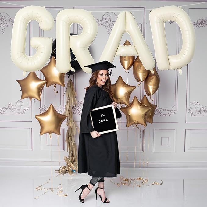 40 Inch Beige GRAD Balloons for Graduation Party Decorations, Large Cream White Sand Grad Balloons Letter, Ivory Alphabet Grad Banner Sign for Class of 2025 Congrats Grad Party Decor Supplies
