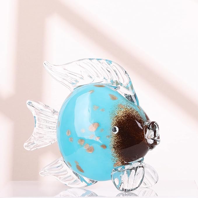 Large Glass Fish Figurines Hand Blown Glass Fish Statue and Sculpture Home Decor, Murano Animal Tropical Sea Glass Paperweights for Desk, Glass Aquarium Coastal Beach Decorative (Light Blue)
