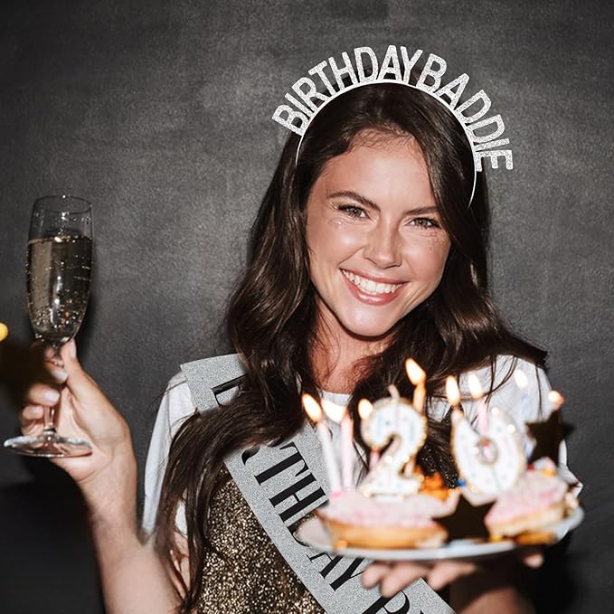 Canitor Birthday Baddie Sash Crown Set Birthday Party Favors Supplies Decorations & Accessories for Women Girl Men Adult Rhinestone Tiara Headband Soft Satin Sash