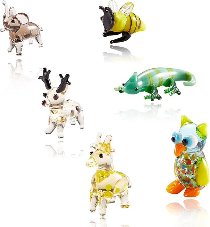 6Pcs Hand Blown Glass Figurines Includes Christmas Reindeer,Birds,Giraffes,Bees,Chameleon,Elephant Glass Figurines for Collectibles, Home Decoration,Gifts