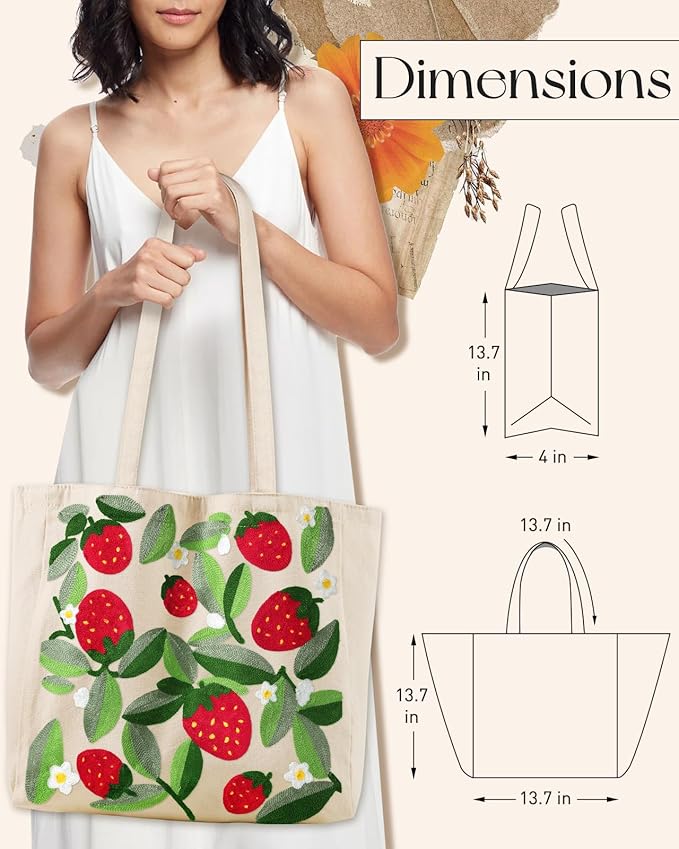 Miss Adola Aesthetic Embroidery Tote Bag for Women - Reusable Canvas Cute Shoulder Bag for Shopping, Grocery, Work, Book