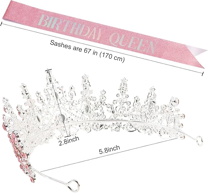 COCIDE Pink Birthday Sash and Crown for Women - Crystal Tiaras Decorations for Girl,Glitter Rhinestone Gifts Headband Sashes Decor,Coronas for Queen,Happy Birthday Accessories Party Favors