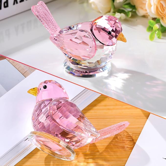 Crystal Pink Birds Figurine Glass Collectible Figurines Paperweights Birthday Gifts for Women Decorative Tabletop Centerpiece for Animal Lovers