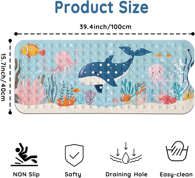 LNOND Bath Mat for Tub for Kids, Toddler Bathtub mat Non Slip, Jellyfish Coral Kids Bath Mats for Bathroom Non Slip with Drain Holes and Suction Cups,Machine Washable (40 X 16 Inch)