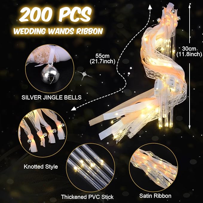 58 PCS Wedding Wands with Lights,Fairy Wands, LED Silk Fairy Wand with Bells for Wedding Send Off, New Year, Raves, Concert, Birthday