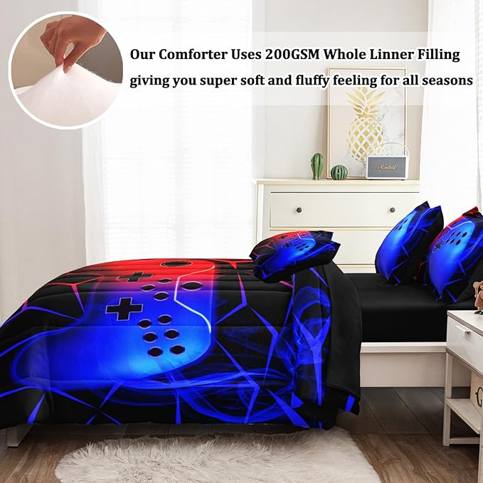 4 Pcs Gamer Full Bedding Set for Boys, Blue-red Gaming Full Size Boys Comforter Set for Teens
