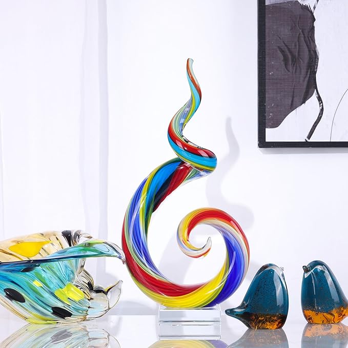 XMGZQ 13.7" Colour Hand-Blown Art Glass Sculpture,Abstract Rainbow Swirl Style Sea Glass Statue and Figurine,Coastal Ocean Nautical Home Decor,Shelf,TV Stand,Tabletop Centerpieces,Wonderful Gift