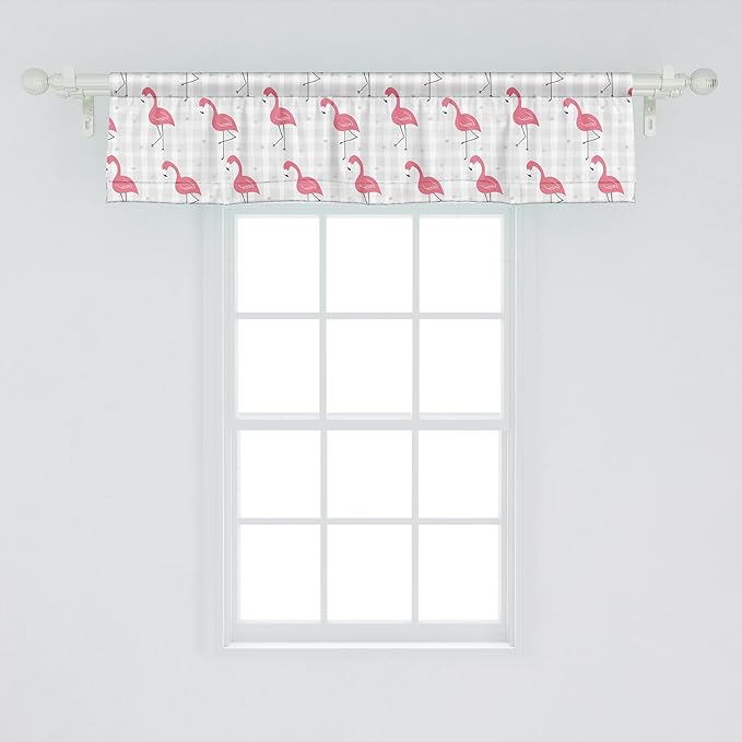Ambesonne Pink Flamingo Window Valance, Cartoon Birds on Pastel Colored Checkered Background Wild Nature, Curtain Valance for Kitchen Bedroom Decor with Rod Pocket, 54" X 12", Pale Grey Coral Black