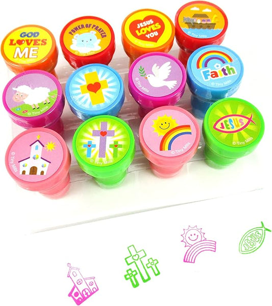 TINYMILLS 12 Pcs Religious Stamp Kit for Kids - Religious Christian Self Inking Stamps Gift VBS Sunday School Rewards