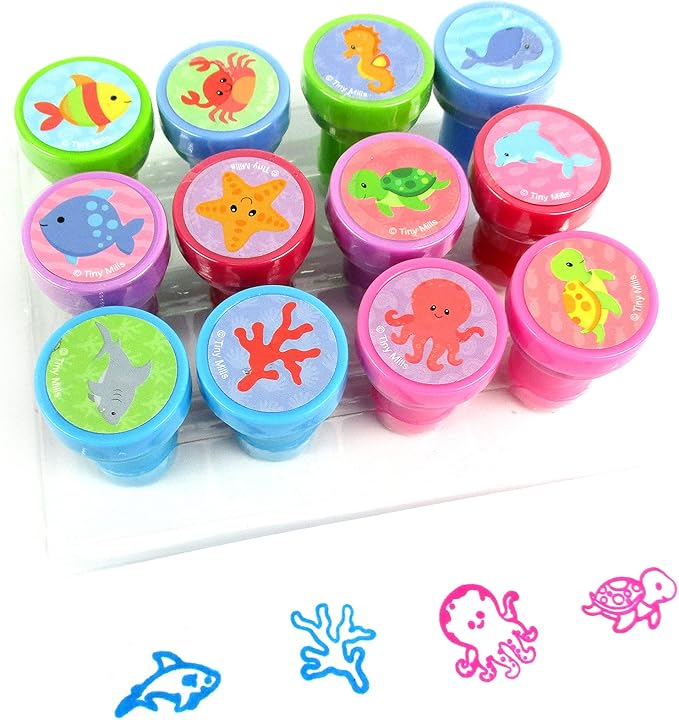 TINYMILLS 12 Pcs Ocean Life Turtle Stamp Kit for Kids Self Inking Stamps Gift Party Favors