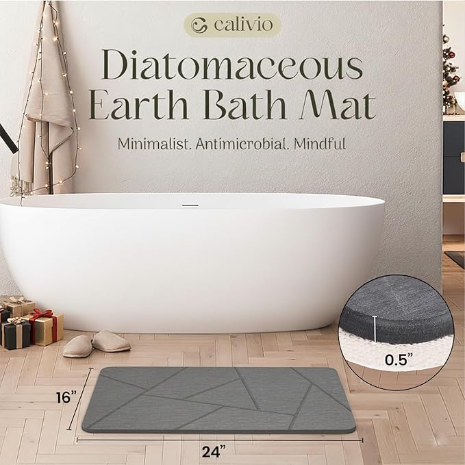 Quick Dry Shower Stone Bath Mat, Super Absorbent & Non-Slip 24 x 16 Inch Diatomaceous Earth Mat, Durable & Easy to Clean Diatomite Bath Mat for Bathroom Floor/Kitchen (Charcoal Gray)