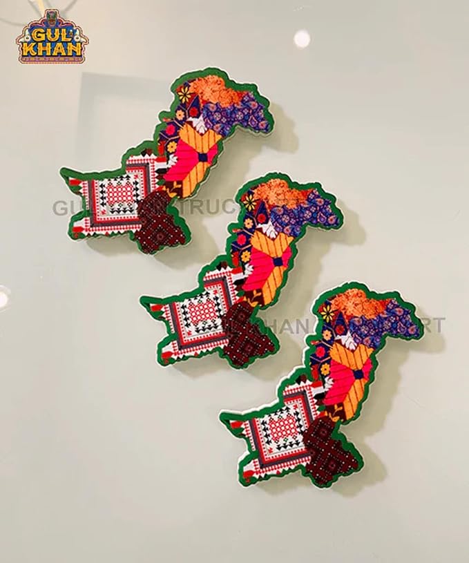 Vibrant Pakistan Cultural Map Acrylic Fridge Magnet | Pack of 1 | Detailed Travel Souvenir & Home Decor | Truck Art Style Fridge Accessory | 3" x 1.4"