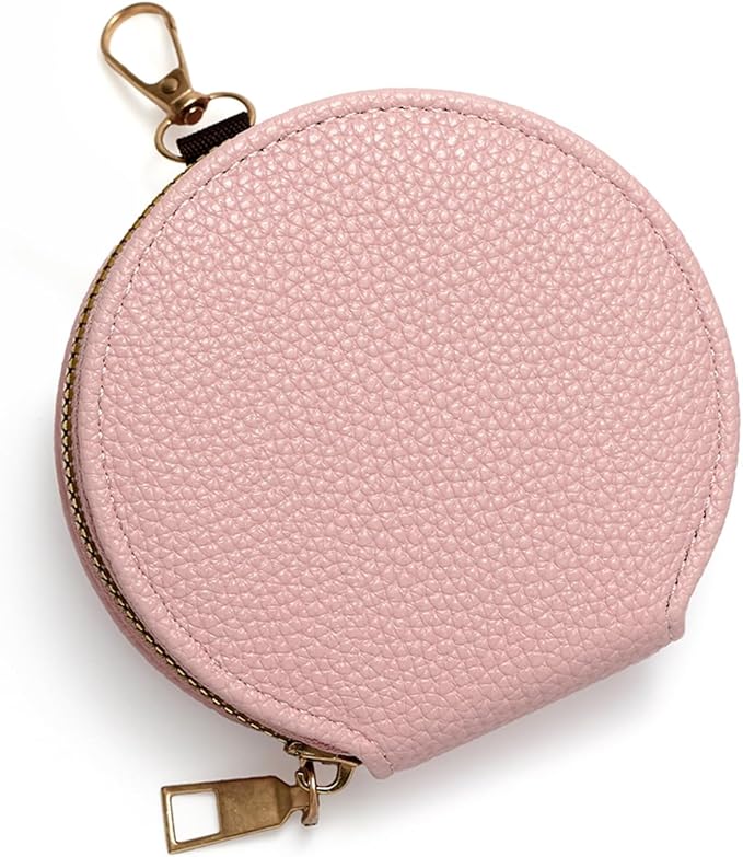 Women’s Small Coin Purse, Vintage Zipper Change Purse, Pocket-Sized, Solid Color, Round Coin Bag with Keychain - Pink