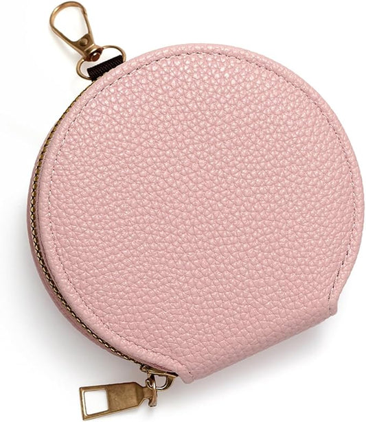 Women’s Small Coin Purse, Vintage Zipper Change Purse, Pocket-Sized, Solid Color, Round Coin Bag with Keychain - Pink