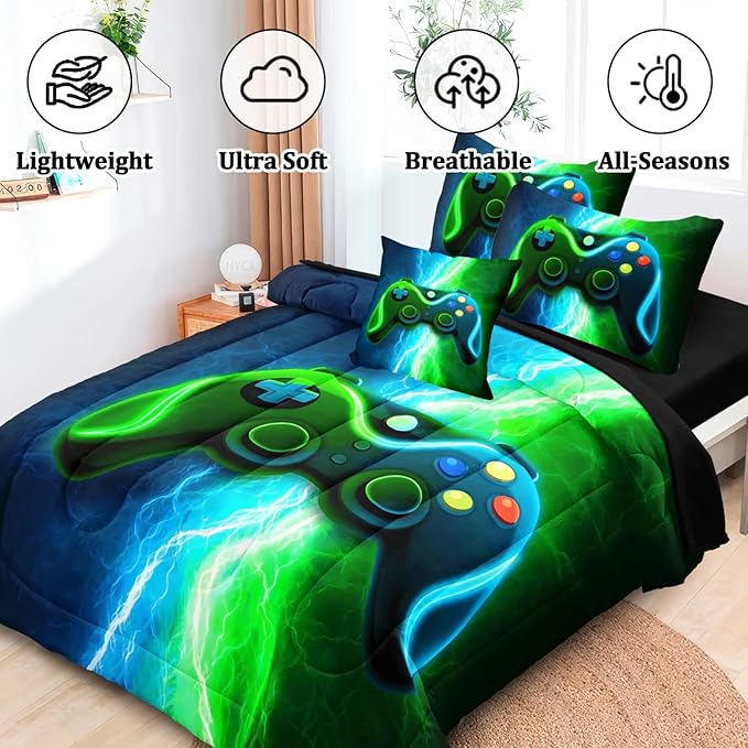 Twin Gamer Bedding Sets for Boys Teen, 4 Pcs Gaming Twin Comforter Set for Boys, Kids Twin Bedding Set for All Season