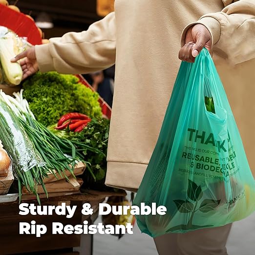 FMP Brands 1000 Count Eco Biodegradable Plastic Grocery Bags with Handles, Reusable Plastic Shopping Bags Bulk for Small Business, Restaurant, Groceries, Supermarket