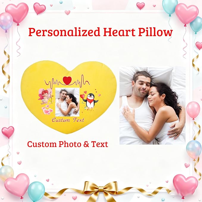 Custom Heart Pillow with Insert, Personalized Heart Shaped Pillows with Photo Name as Valentine Pillows for Hubsand Wife Home Decor Personalized Gifts for Valentines Day Anniversary