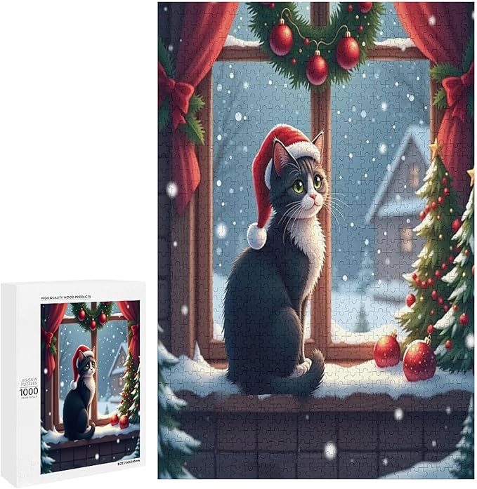Jigsaw Puzzles for Adults 1000 Piece - Christmas Black Cat Wooden Puzzles, Stress Relief Games, Funny Puzzles，Unique Gifts for Wall Art，Family Puzzles，Educational Games