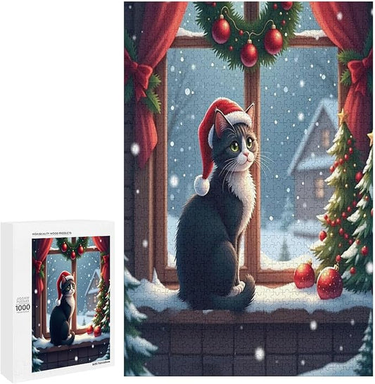 Jigsaw Puzzles for Adults 1000 Piece - Christmas Black Cat Wooden Puzzles, Stress Relief Games, Funny Puzzles，Unique Gifts for Wall Art，Family Puzzles，Educational Games