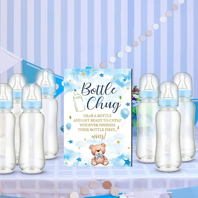 TrelaCo Cool Baby Shower Games Bottle Chug Sign Wooden Blue Bear Theme Gift Sets Gender Reveal Party Favors and 12 Pcs Baby Bottle Shower Favor for Gender Reveal