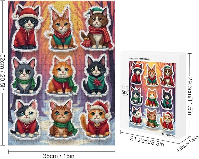 Wooden Puzzle 500 Pieces Adult - Christmas Cat Puzzle Christmas Puzzles, Holiday Puzzles, Family Toys, Party Games, Jigsaw Puzzle Challenge and Funny