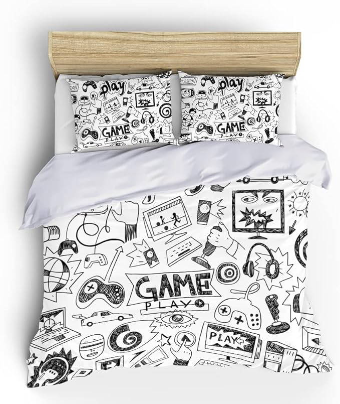Gaming Comforter Sets for Boys Teen Full Size,Kids Video Games Bedding Set Sketch Style Athletic Racing Game Design Bedroom Home Decor