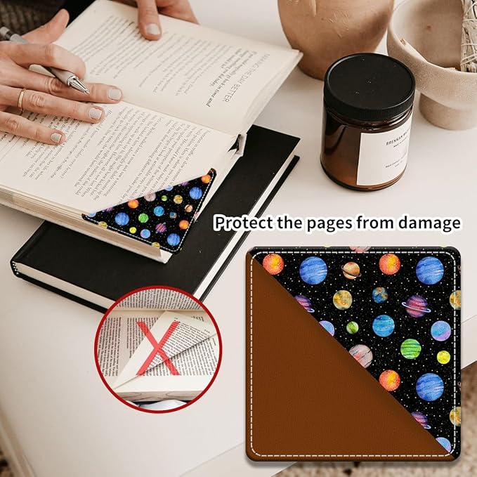 Cute Leather Bookmarks, Fun Triangle Making Corner Bookmark, Book Accessories for Reading Book Lovers, Unbreakable Page Markers for Women Men Colorful Planets Stars