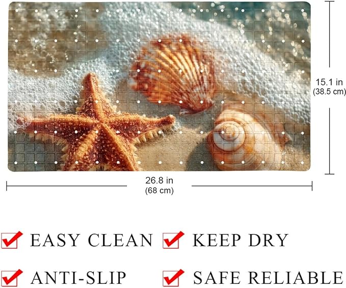Non Slip Bath Mat for Tub, 15.1 x 26.8 Inch Bathtub Mat Machine Washable Shower Mat with Drain Holes and Suction Cups, Starfish and Seashell on The Beach in Sea Water