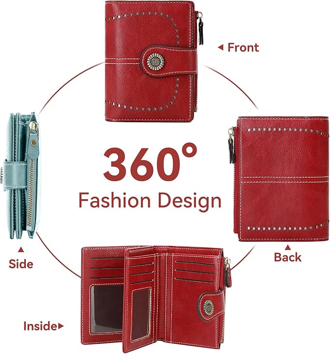 Women's Small Genuine Leather Bifold Wallet Large Capacity RFID Blocking with 16 Card Slots 2 ID Windows and Zipper Coin Pocket Pink (Red)
