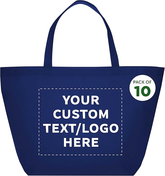 DISCOUNT PROMOS Custom Southern Style Grocery Tote Bags Set of 10 - Personalized Bulk Pack, Reusable Grocery & Shopping Bags - Great for Travel, Business Promotions - Navy Blue - 20"X13"X8"