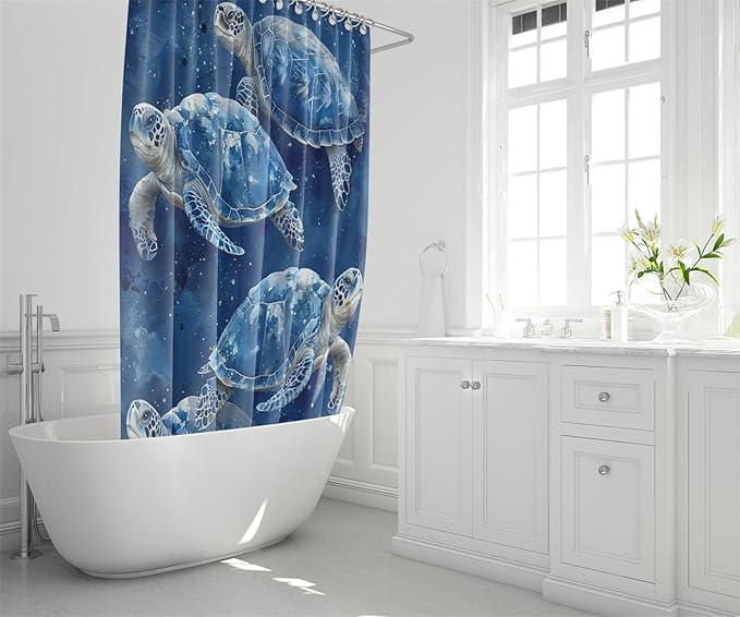 Sea Turtle Shower Curtain - 4 Pcs Turtle Bathroom Shower Curtain Sets with Rug Turtle Shower Curtains for Bathroom Sea Turtle Bathroom Decor for Bathroom Decor with 12 Hooks