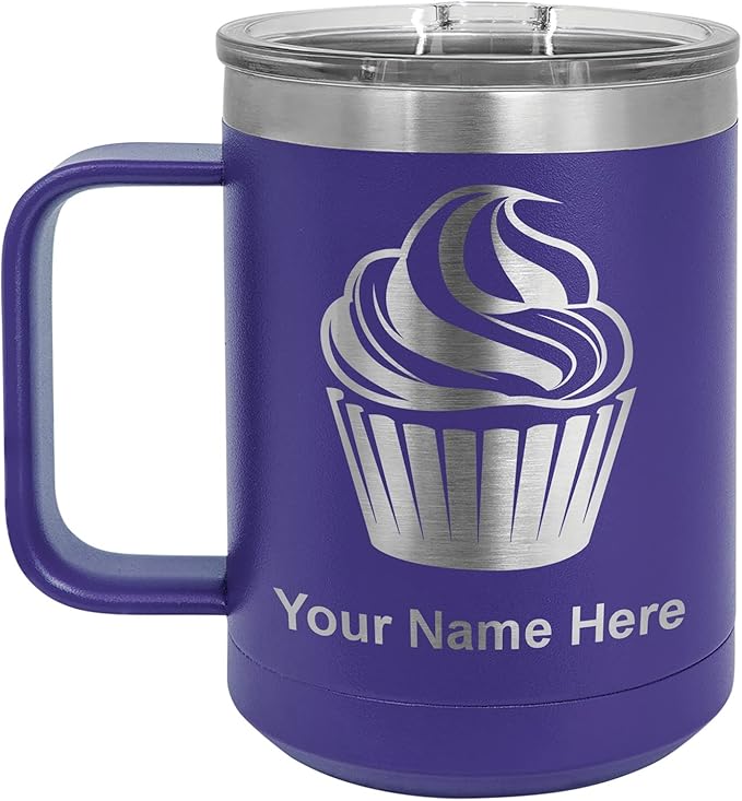 LaserGram 15oz Vacuum Insulated Coffee Mug, Cup Cake, Personalized Engraving Included (Dark Purple)