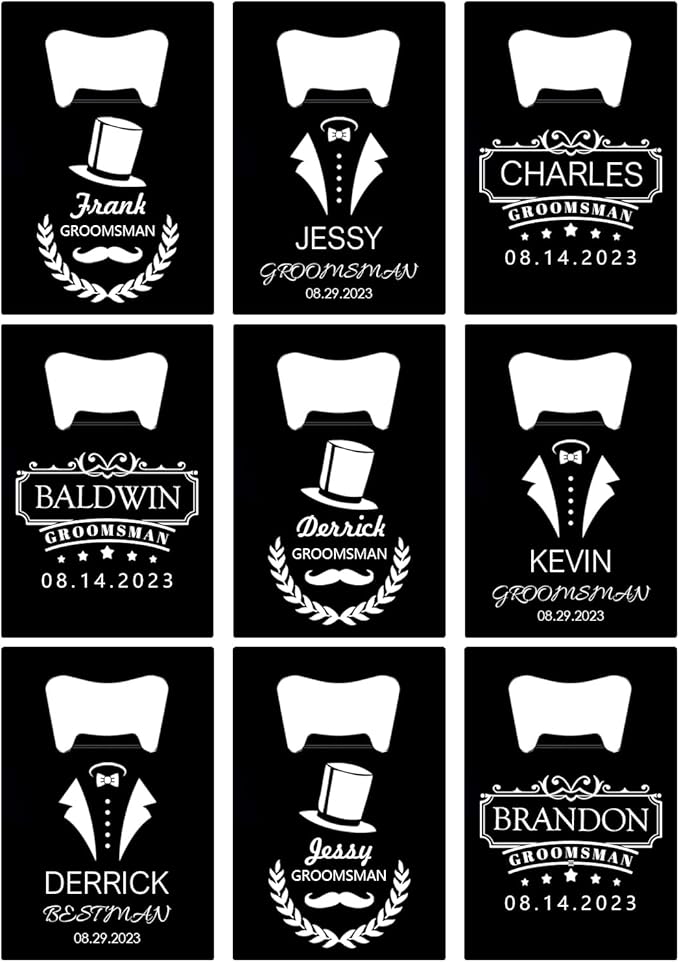 9PCSPersonalized Bottle Openers Credit Card Size, Groomsmen Best Man Gifts for Wedding Bachelor Party, Stainless Steel Beer Bottle Opener