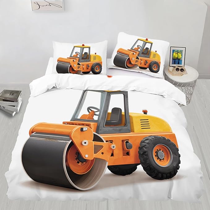 Cartoon Road Roller Bedding Set Queen Size Construction Vehicle Duvet Cover Orange Engineering Truck Comforter Cover Cartoon Children's Bed Set Soft Microfiber for Bedroom