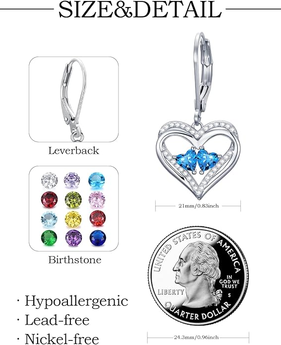 Heart Leverback Earrings Double Birthstone Dangle Earrings for Women, Love Jewelry for Her, Christmas Gifts for Women, Anniversary Birthday Gift for Mom Wife Girlfriend