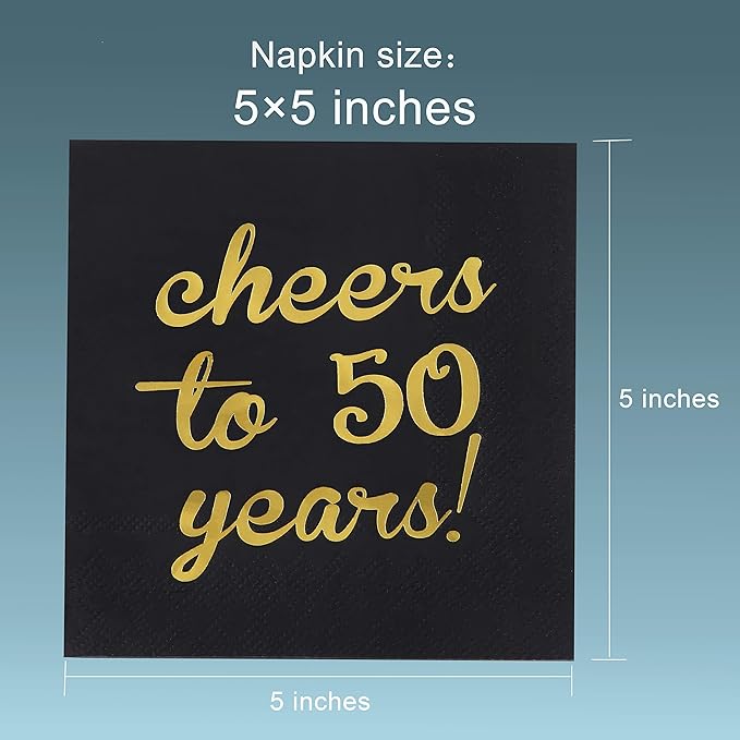 Elcoho 60 Pack Cocktail Napkins 50th Birthday Decorations Luncheon Napkins for Birthday, Anniversary Party Supplies, Cheers to 50 Years Design, 2 Layers, 5 by 5 Inches