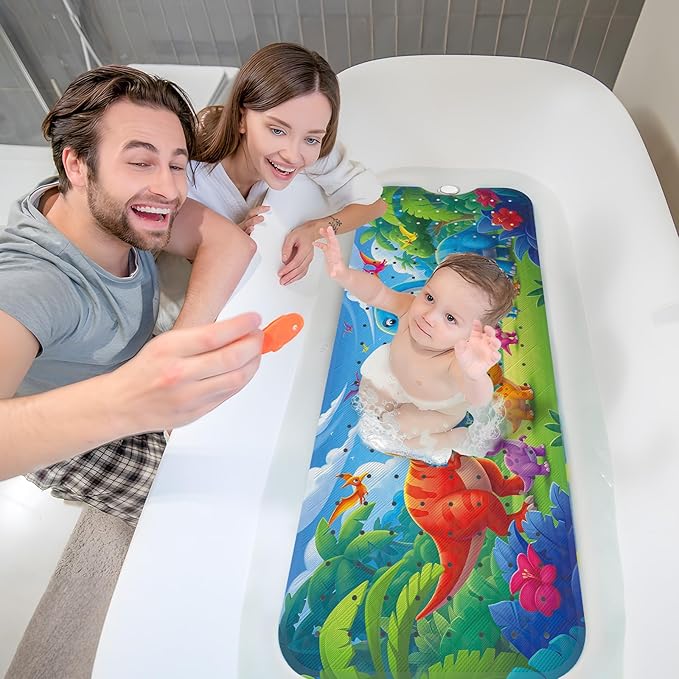XIYUNTE Baby Bath Mat for Tub Non Slip Kids Bath Mat - 40''x16'' Extra Long Cartoon Bathtub Mat Non Slip Kids Shower Mat Eco-Friendly Toddler Bath Mats with Suction Cups, Machine Washable, Dinosaur