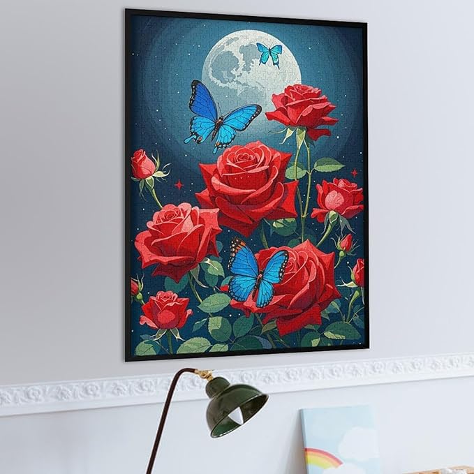 Jigsaw Puzzles for Adults 1000 Piece - Butterfly Red Rose Garden Wooden Puzzles, Unique Gifts for Wall Art，Family Puzzles，Educational Games，Challenge Puzzles