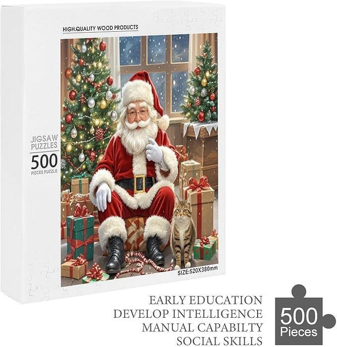 Puzzles for Adults 500 Pieces Wooden Jigsaw Puzzle - Santa Claus and Kitten Christmas Series Theme Puzzle，Party Games，Family Toys，Educational Puzzles，Stress Relief Wooden Puzzle，Home Decoration