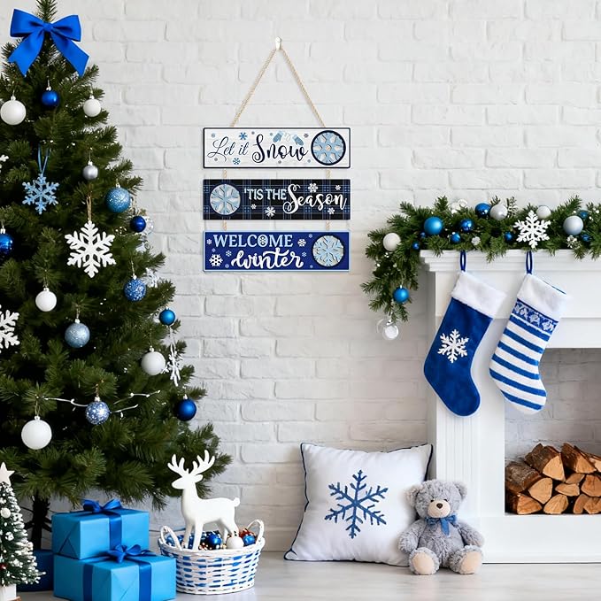 CHDITB Let It Snow Wooden Sign, Welcome Winter Front Door Sign, Snowy Snowflake Wood Hanging Plaque, Christmas Sign, Xmas Seasonal Wall Decor for Outdoor Porch Yard Home Decor