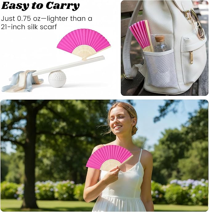 JOHOUSE 12 Pcs Paper Folding Hand Fans, 8.3 Inch Dark Pink Paper Fans Handheld Portable for Wedding, Outdoor Party Favors, Bridal Shower DIY Crafts Photography Prop Pink Party Decorations
