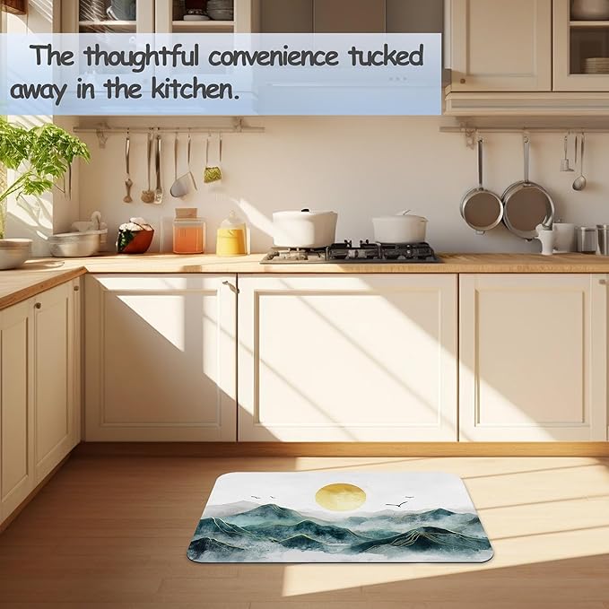 Mountain with Sun Fast Drying Absorbent Bathroom Mat, Non-Slip Rubber Backing Thin Low-Profile Bath Rug, Easy-Clean Bathroom Floor Mat for Shower, Bathtub, Kitchen, or Entryway