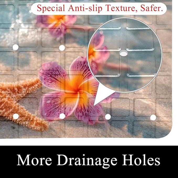 Bath Tub Mat Non Slip 15.1 x 26.8 Inch, Starfish and Flower on The Summer Beach in Sea Water Eco Friendly Bathmat with Suction Cups Drain Holes Shower Tub Mats