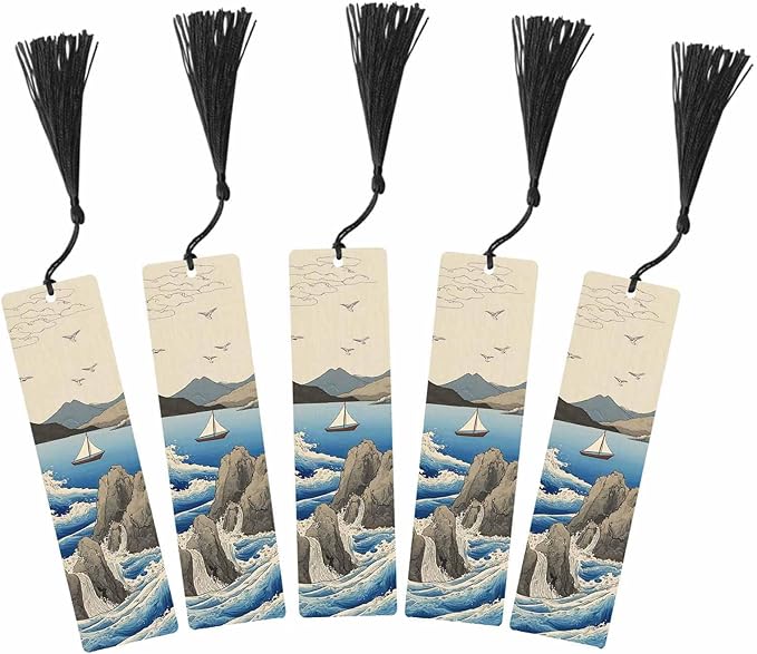 Ocean Waves Bookmarks 5 Pcs with Tassels Rocks Sailboat Seagulls Wooden Bookmarks for Reading Women Students Teacher Reader