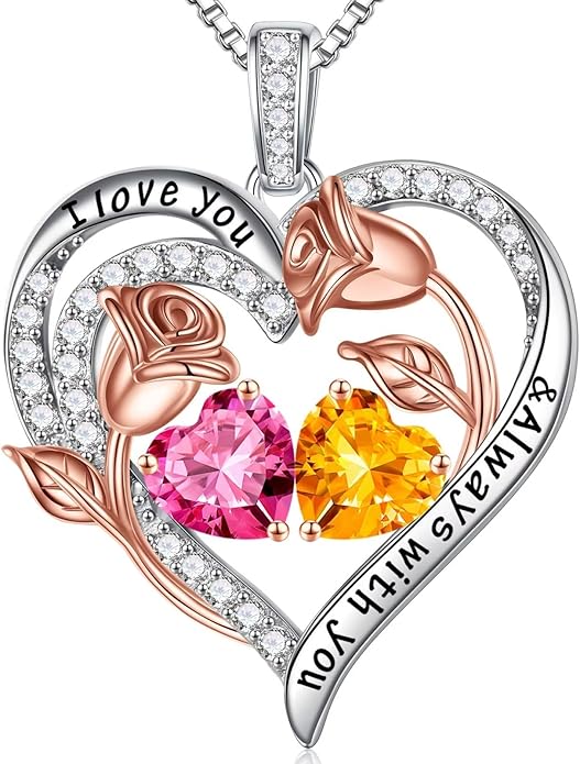 Iefil Valentines Day Gifts for Her - 925 Sterling Silver Rose Heart Birthstone Necklace Birthday Anniversary Jewelry Gifts for Her Wife Mom Daughter